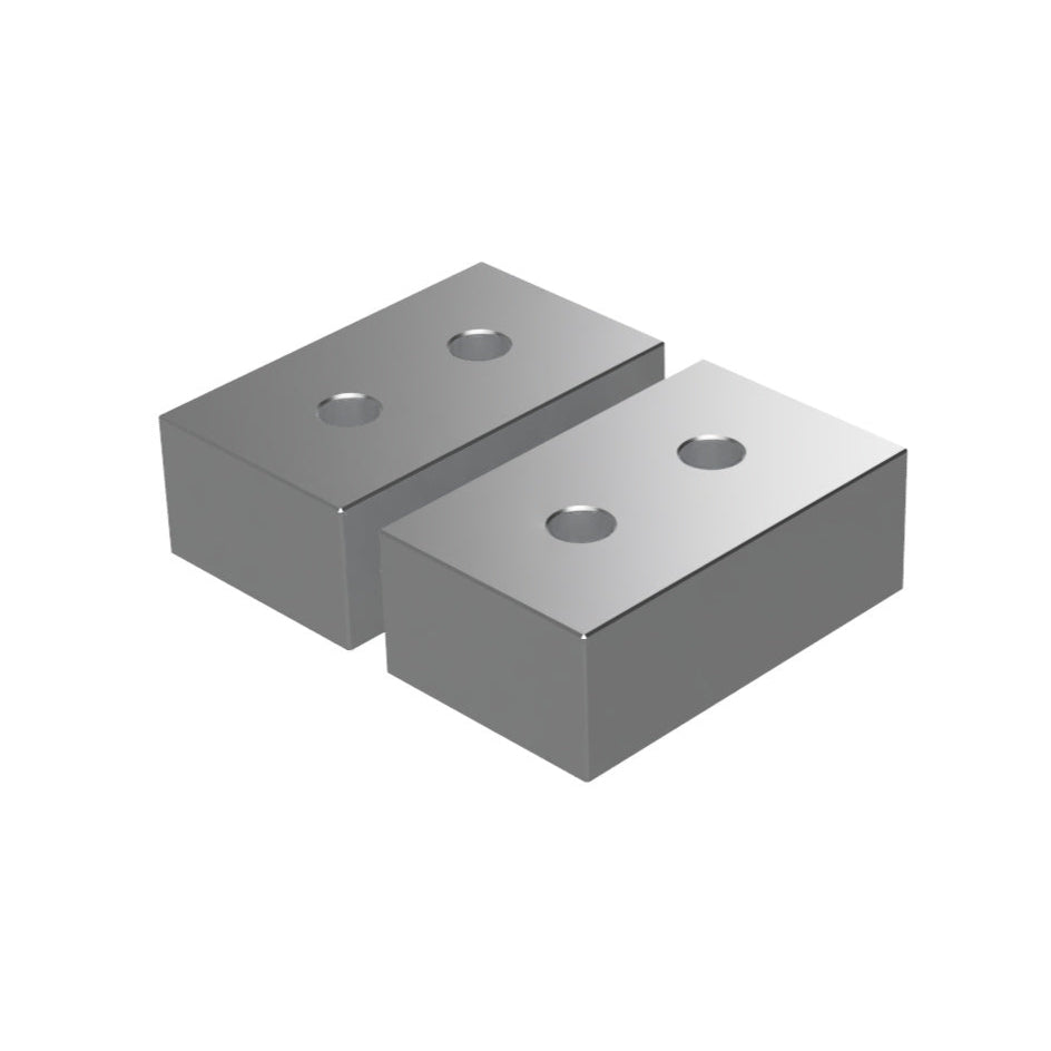 Two metallic vice jaws with holes on a white background