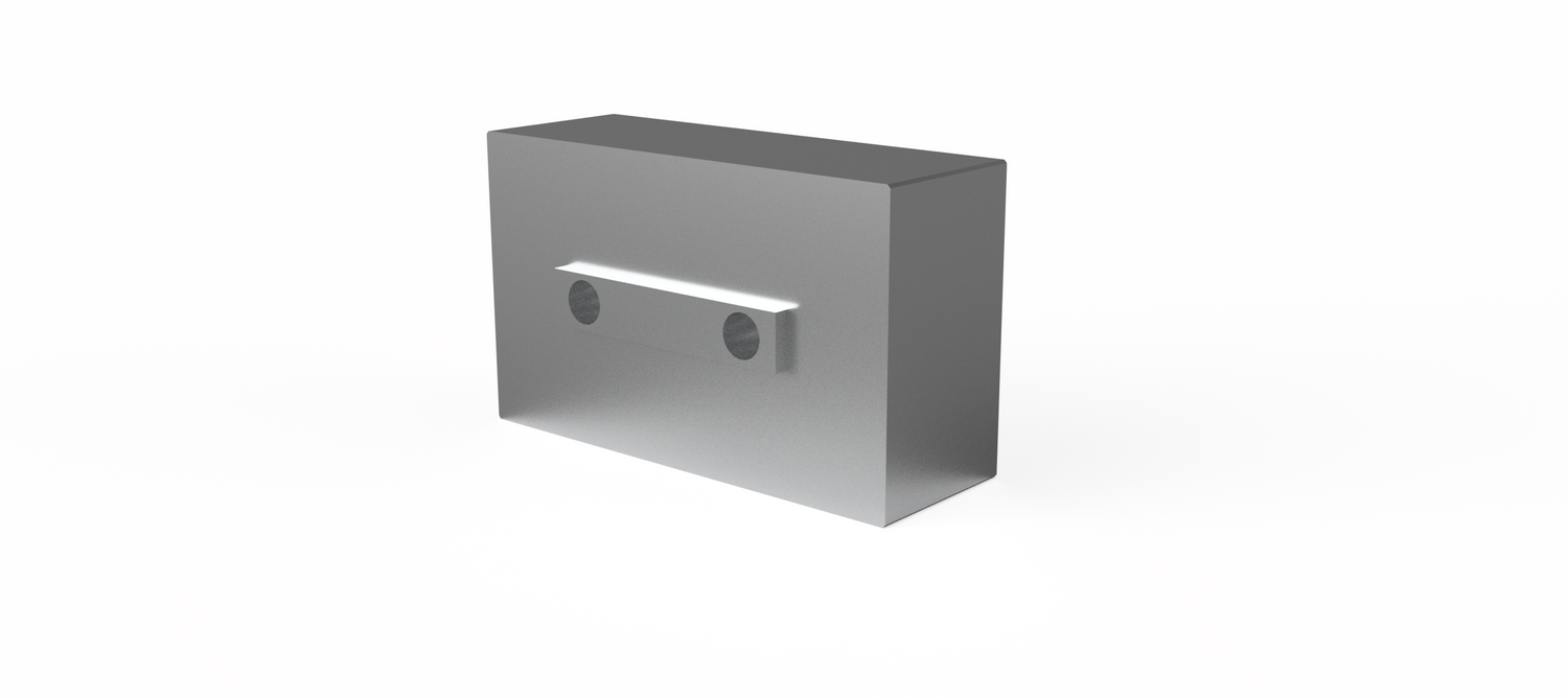 Rectangular metal box with two circular holes on a white background